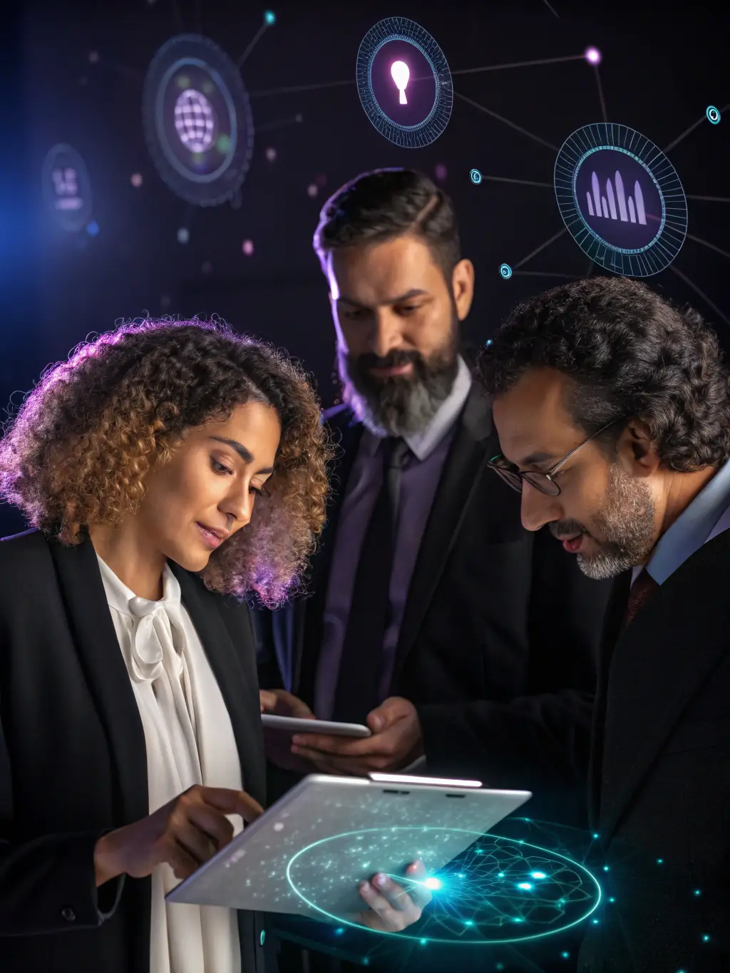 A diverse team collaborating around a holographic projection of AI neural networks, symbolizing AlwafaaCloud's innovative AI solutions.