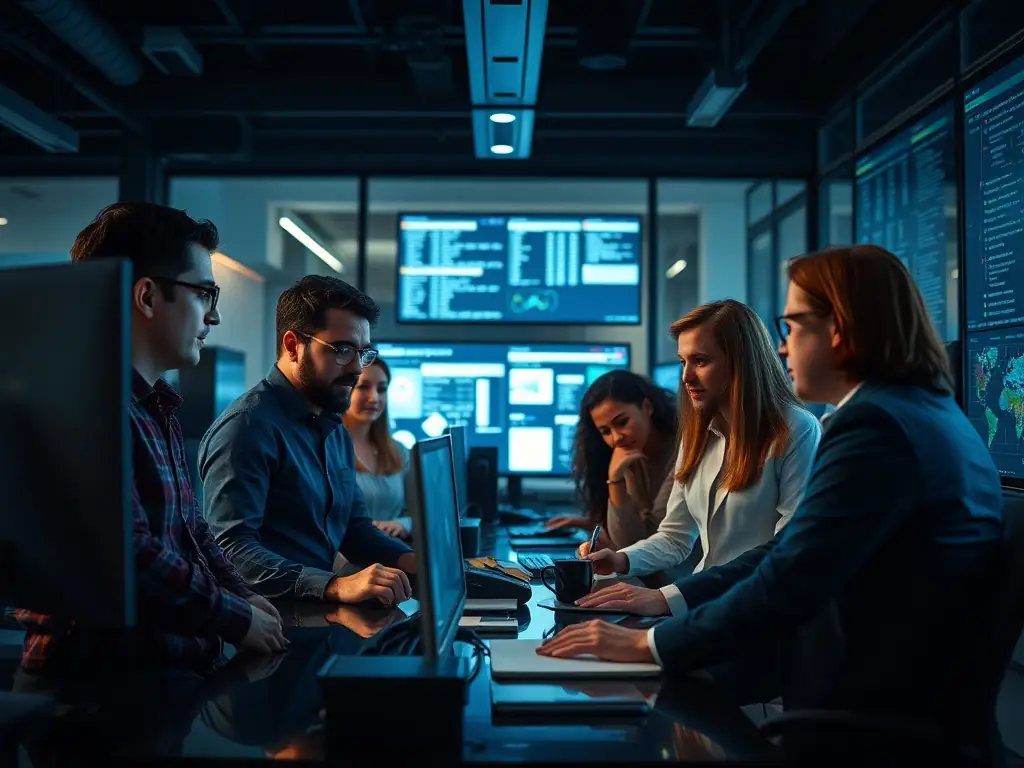 An image showing a team of IT professionals planning a cloud migration on digital screens, with a focus on secure data transfer and minimal downtime.