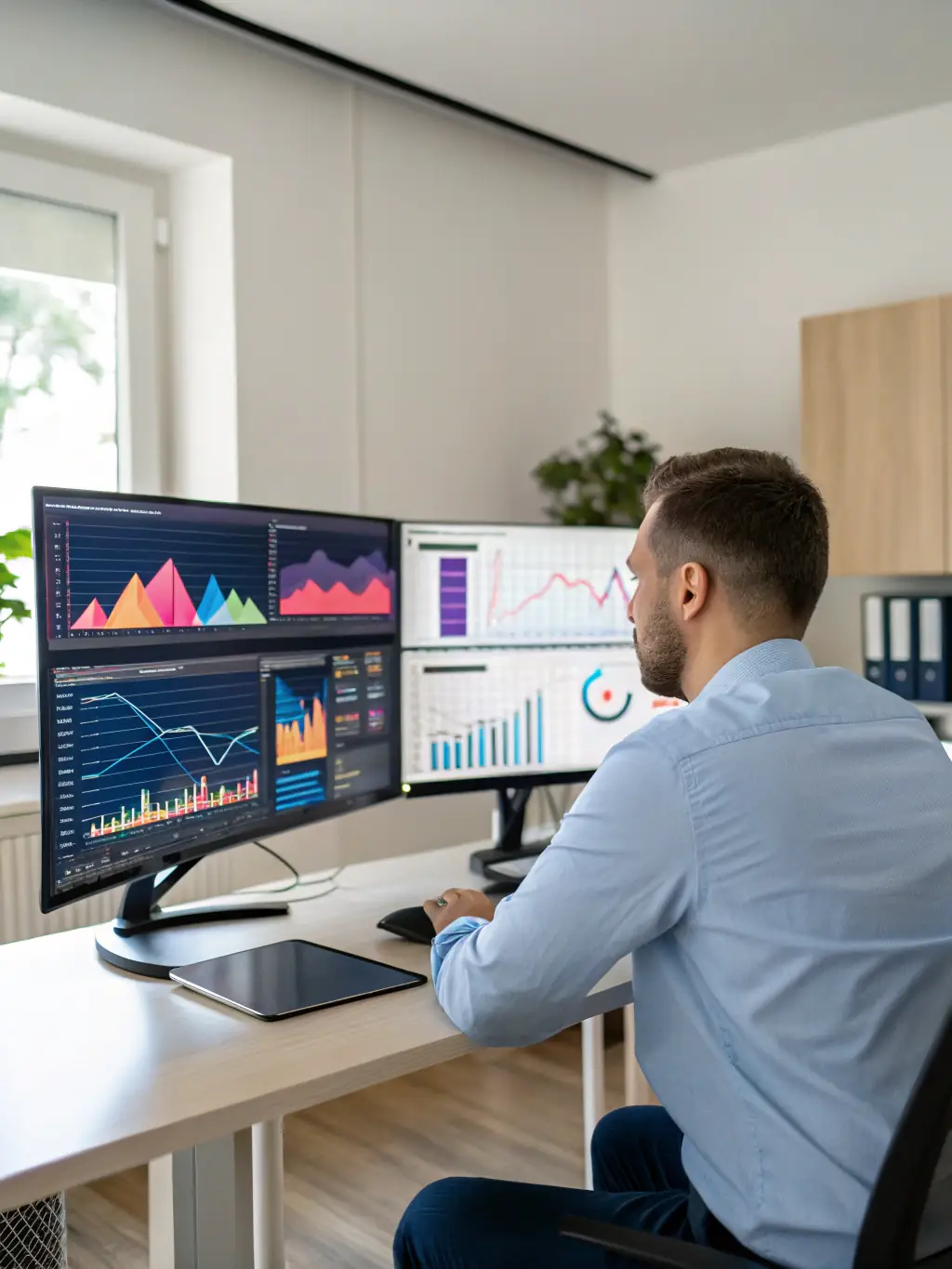 An AI specialist analyzing data visualizations on a large screen, showcasing AI-driven insights for business optimization.