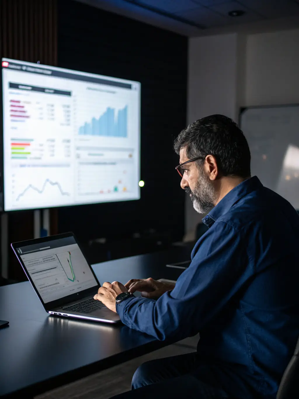 A business executive analyzing AI-generated reports on a tablet, showcasing AlwafaaCloud's AI consulting services.