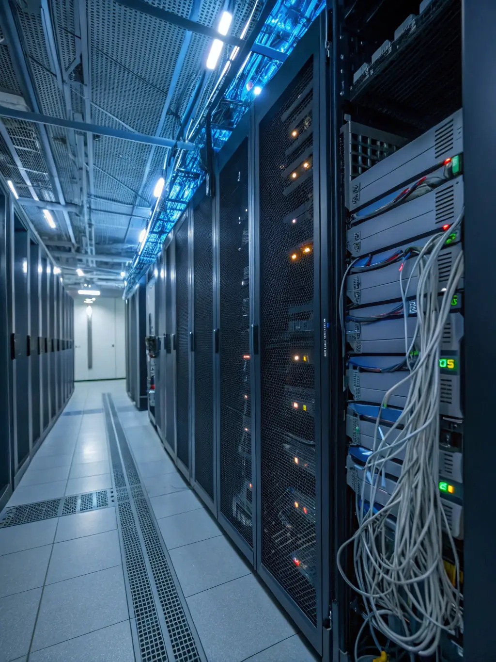 A secure data center environment with servers and networking equipment, emphasizing the security of cloud infrastructure.