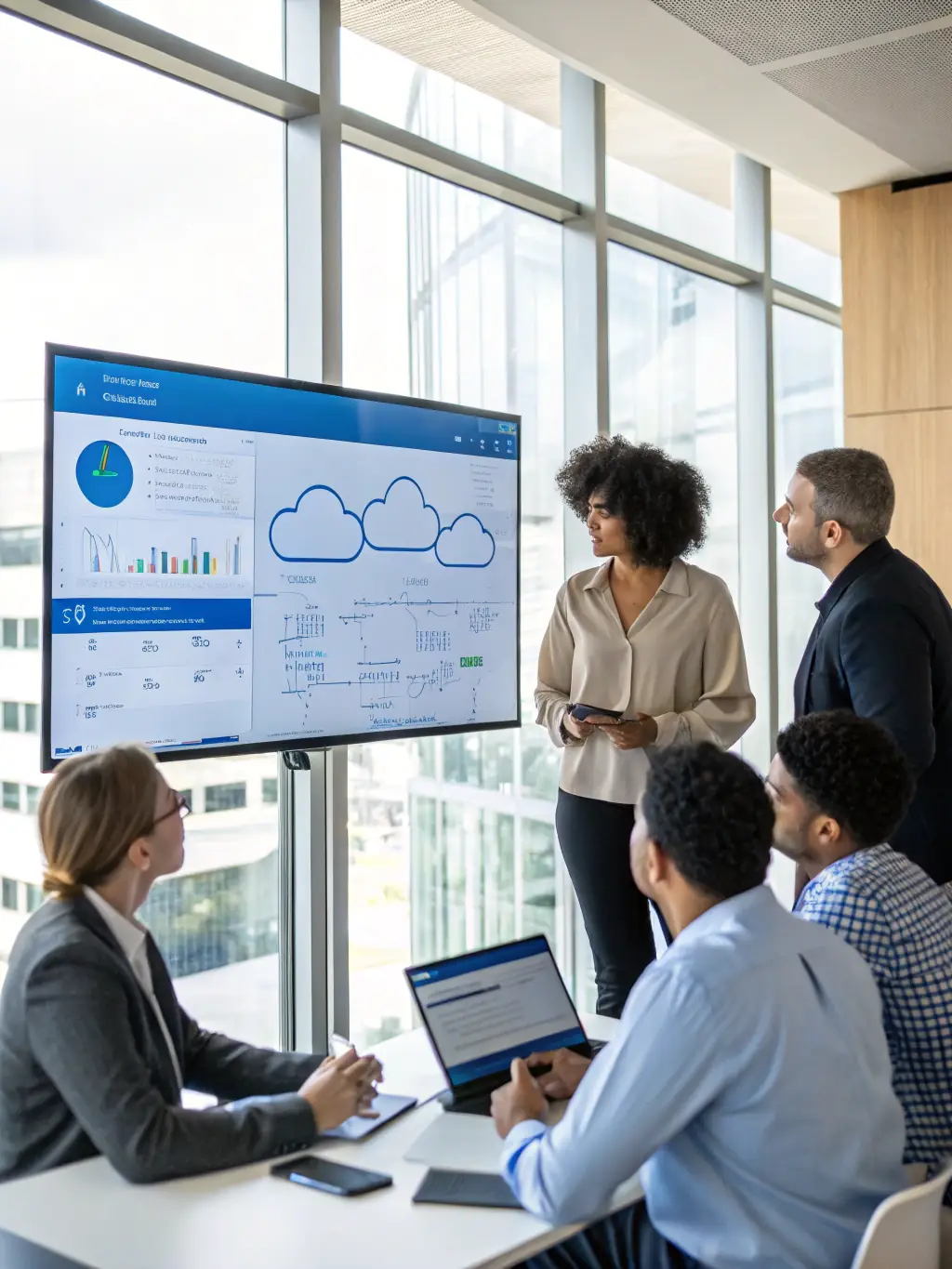 A team of IT consultants strategizing a cloud migration plan in a modern office setting, using digital whiteboards and laptops.