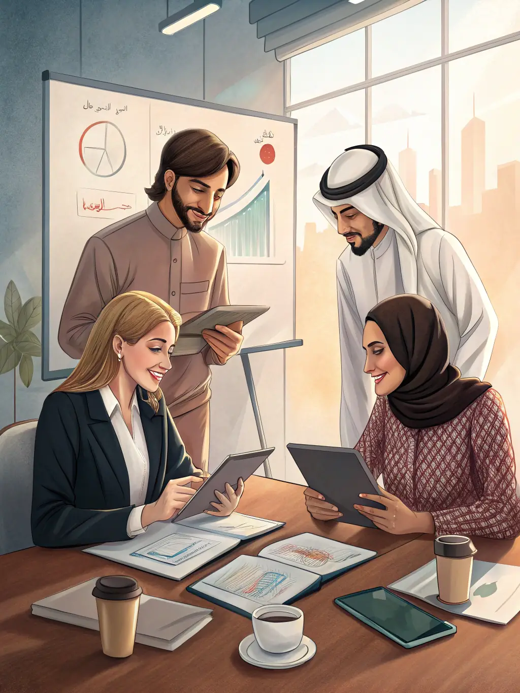 A diverse team collaborating on cloud solutions, highlighting AlwafaaCloud's regional expertise and local support.