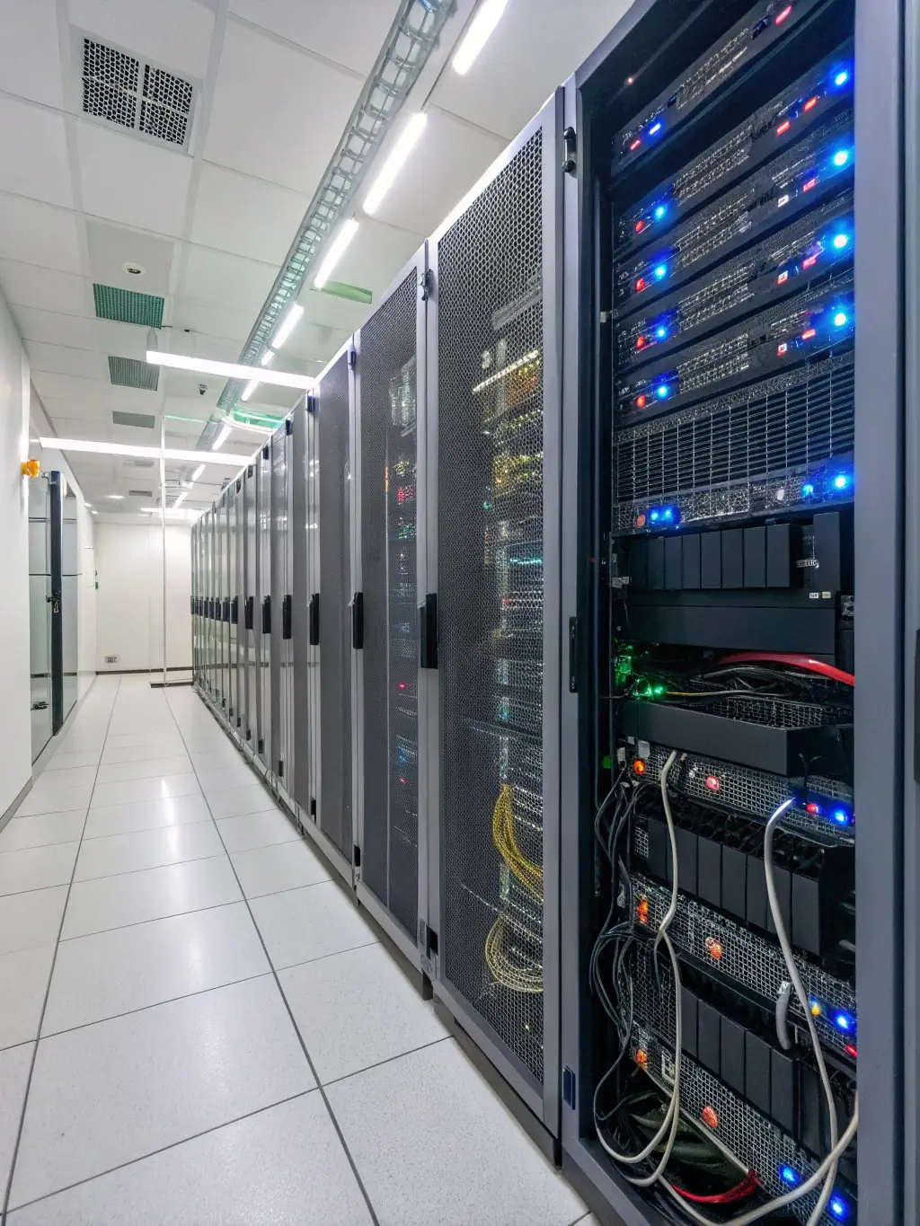 A cloud data center with AI algorithms optimizing resource allocation, illustrating AlwafaaCloud's cloud-based AI solutions.